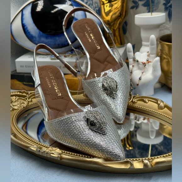 🆕 KURT GEIGER LONDON 🧿 NWOB Belgravia Vinyl 65 Slingback Heels, Silver, Sz 7.5 - Picture 7 of 14